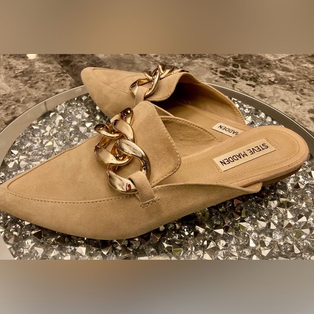 Steve Madden Slip On Mule Camel Suede Gold Tone Chain Cowgirl Event Woman Size 7 - Picture 5 of 12